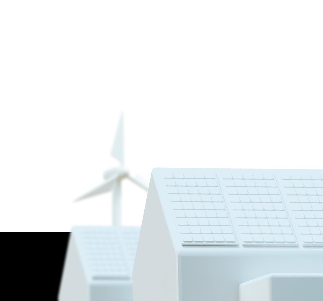 An opaque background image of houses with wind turbines behind them
