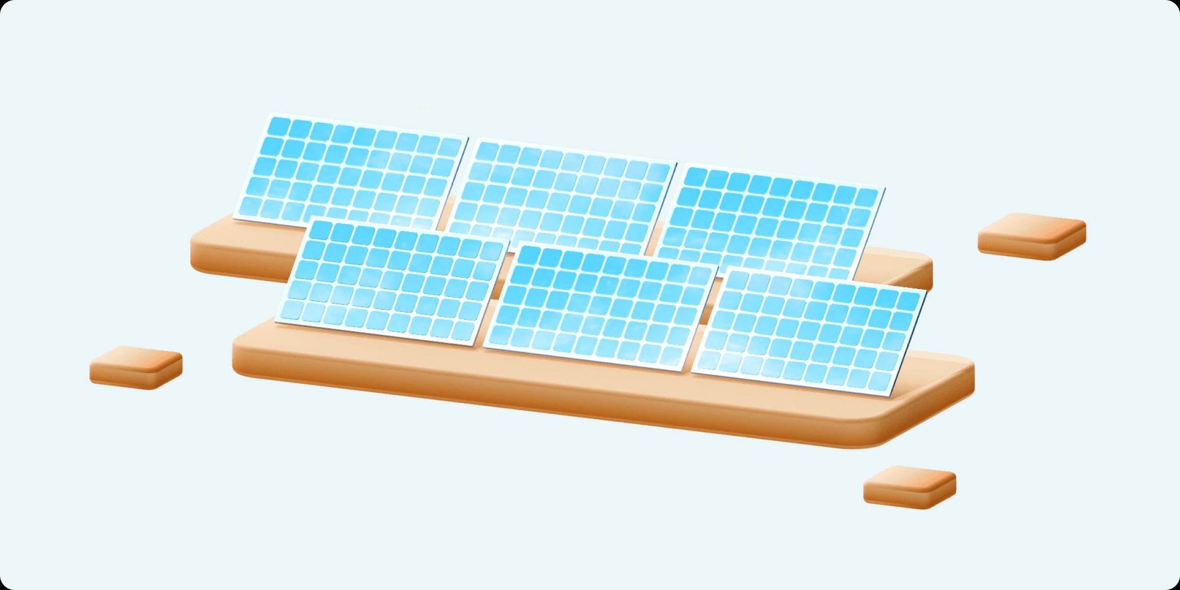 A 3D model of green land strips lined up one behind the other with 3 blue solar panels sitting on top of them
