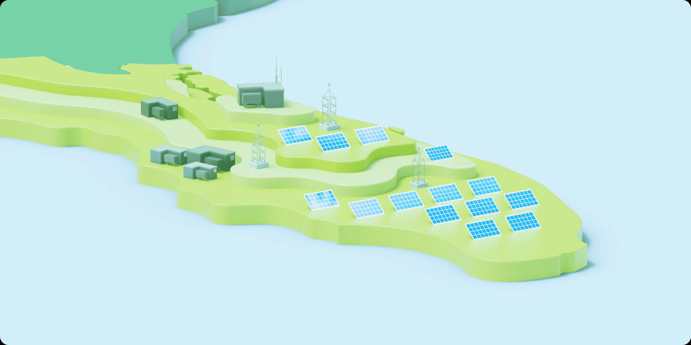 A green 3D model of the Florida peninsula with accurate topography with solar panels and solar power storage facilities strewn across it