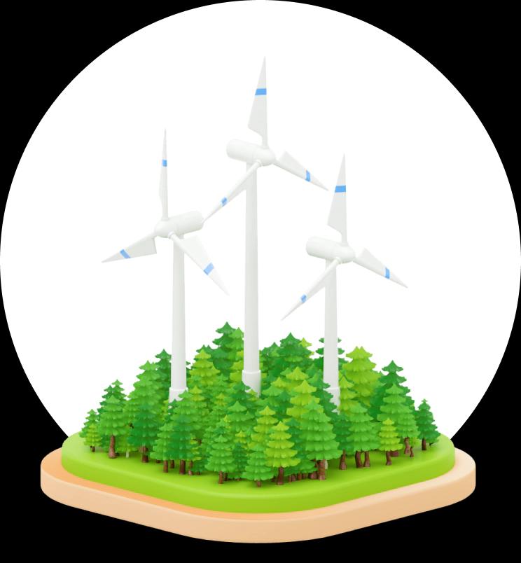 A small 3D model of a green forest with white wind powered turbines rising above it