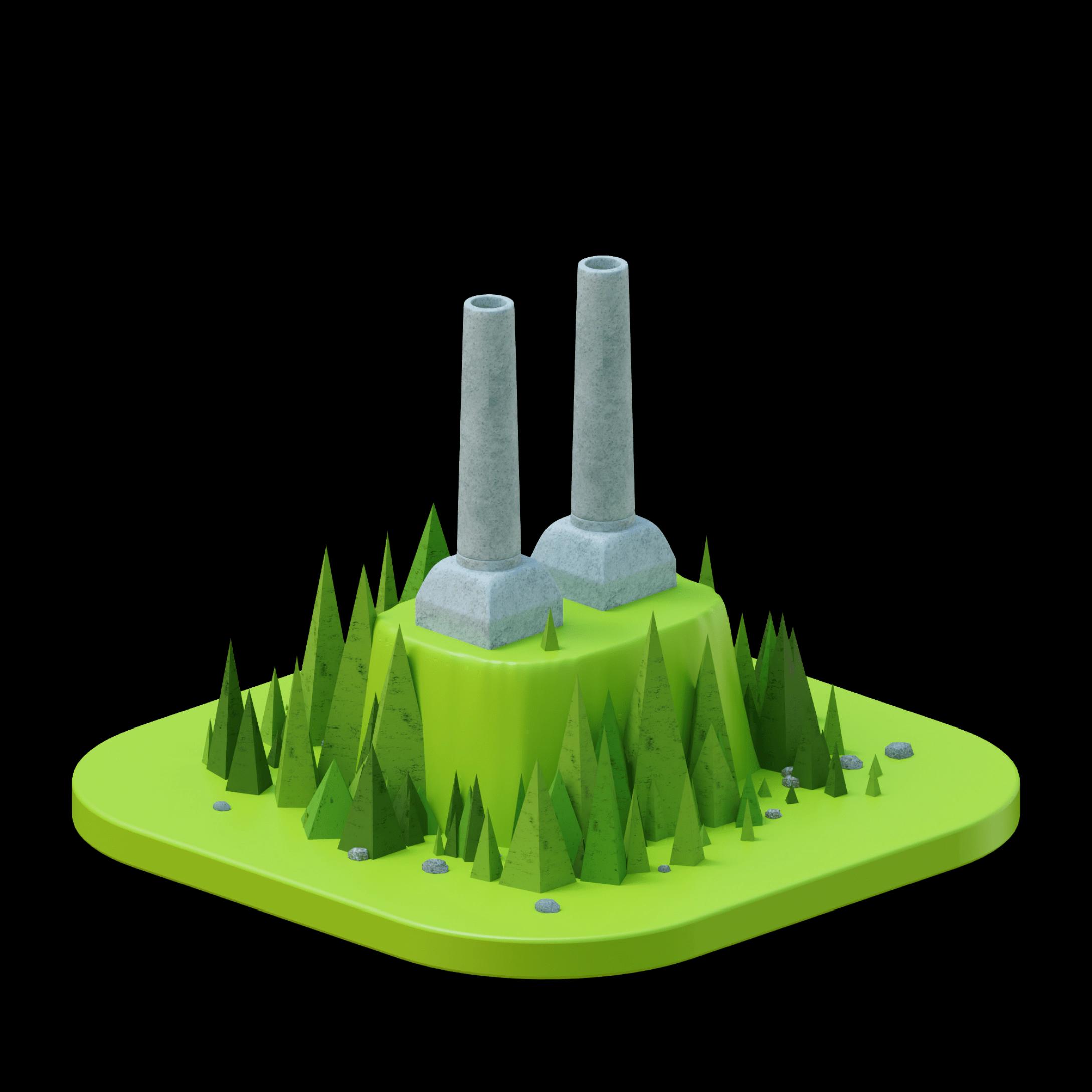 A small 3d model of a bioenergy plant with a biomass boiler, turbine and generator