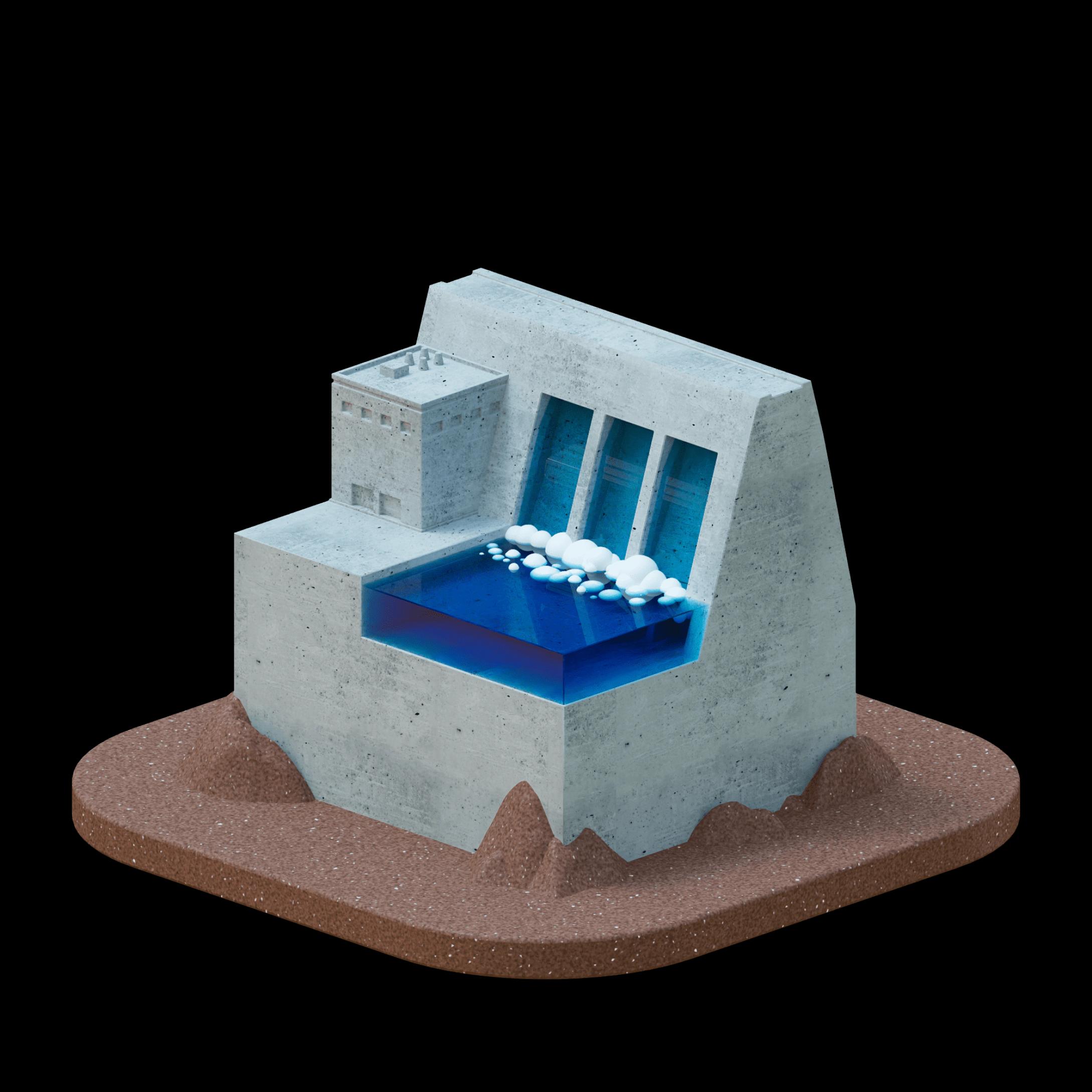 A small 3d model of a hydropower plan with turbines, dam and flowing water