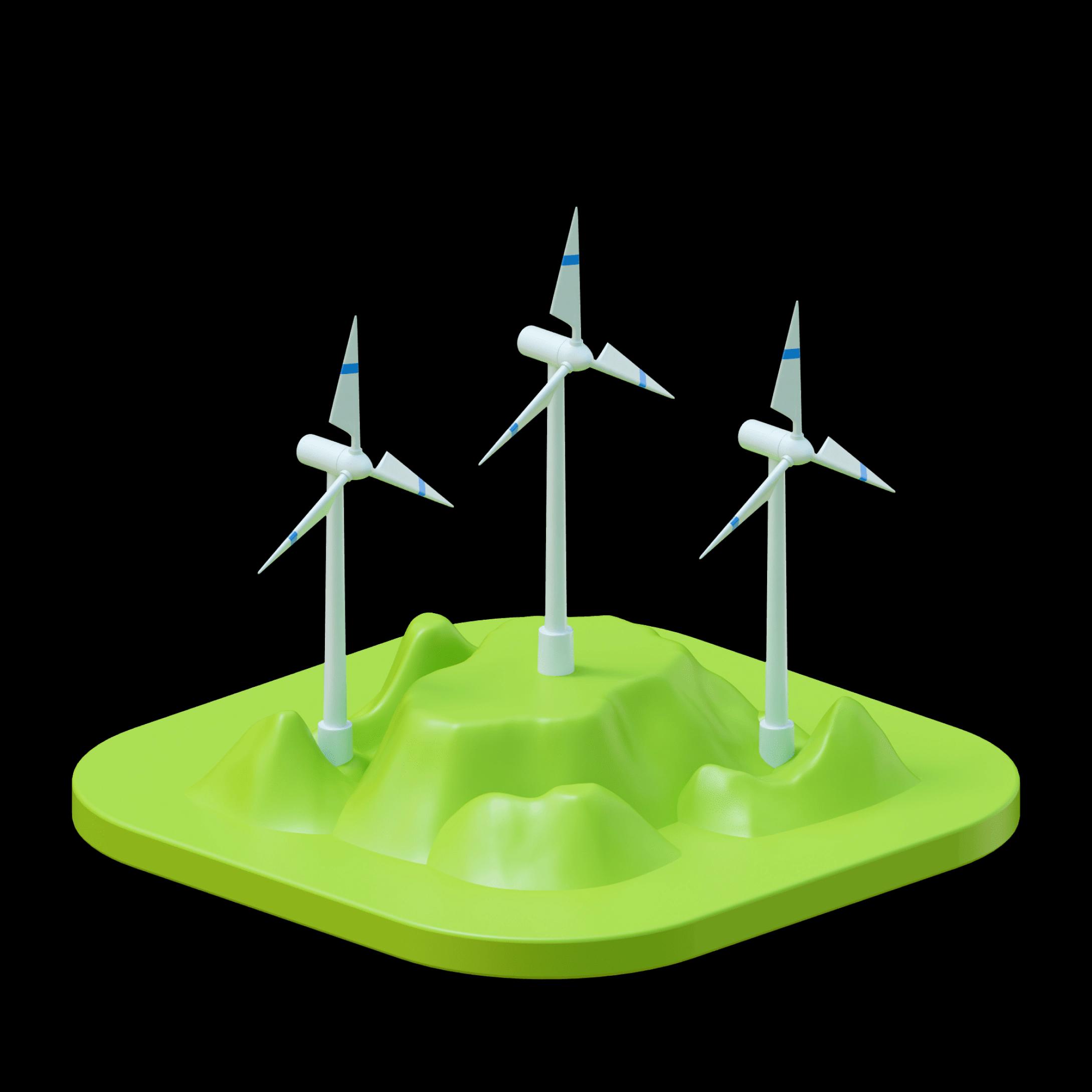 A small 3d model of a modern wind power plant with multiple turbines
