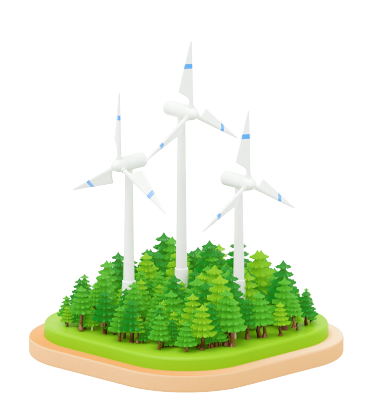 A small 3D model of a green forest with white wind powered turbines rising above it