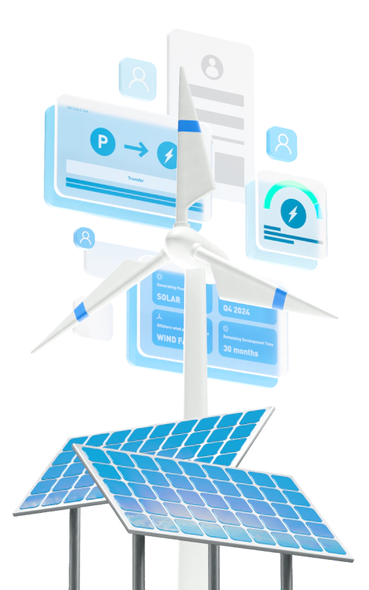 3D image of wind towers and solar panels colored sky blue