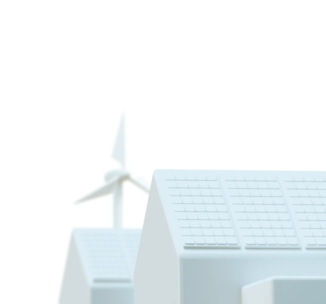 An opaque background image of houses with wind turbines behind them