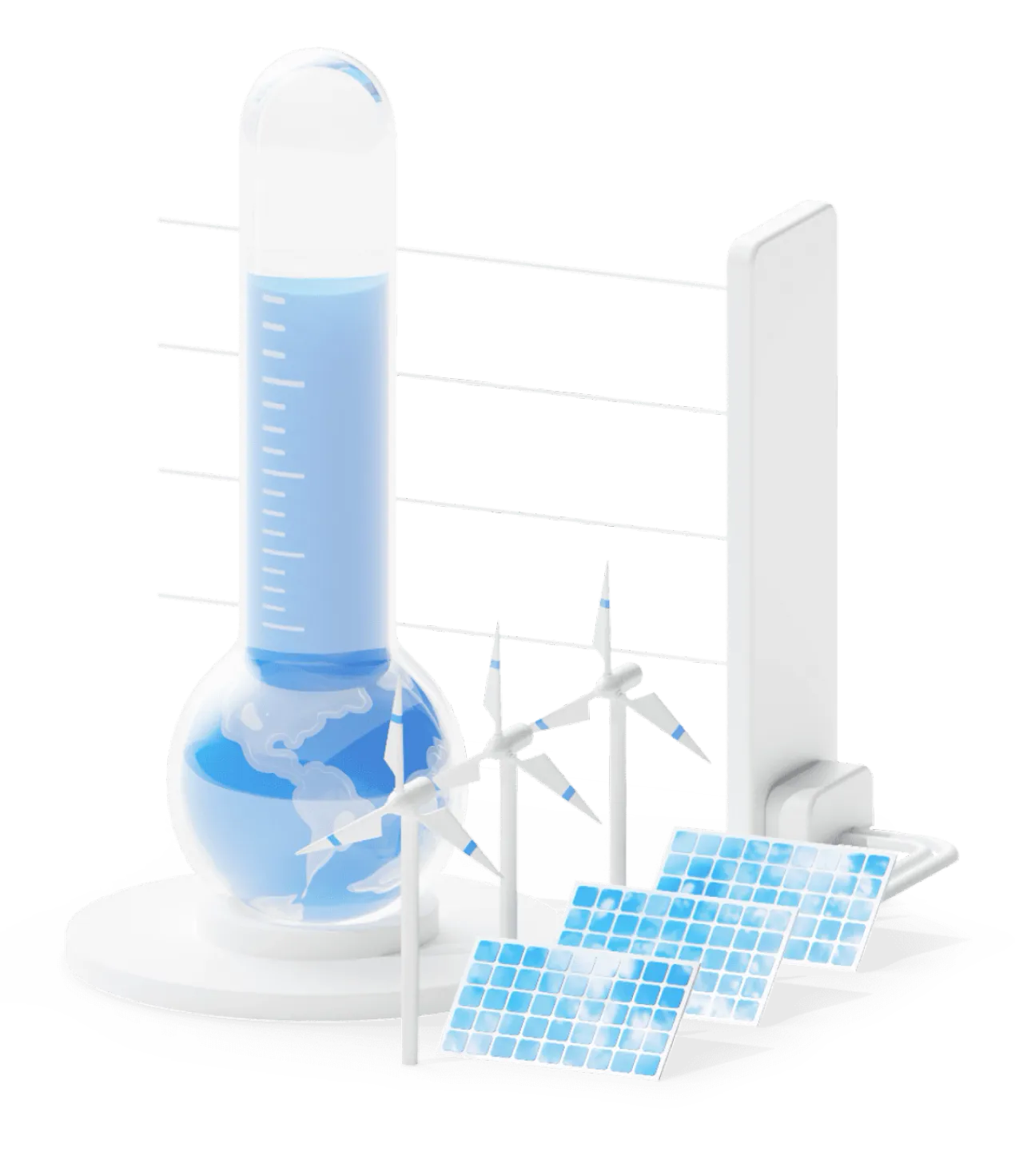 3D image of small scale wind towers and solar panels next to a beaker measuring a blue sky colored liquid