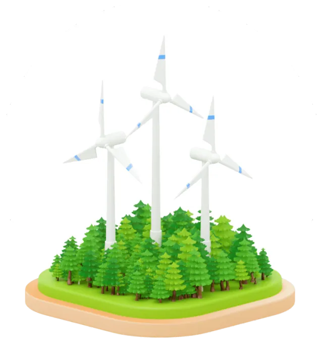 A small 3D model of a green forest with white wind powered turbines rising above it