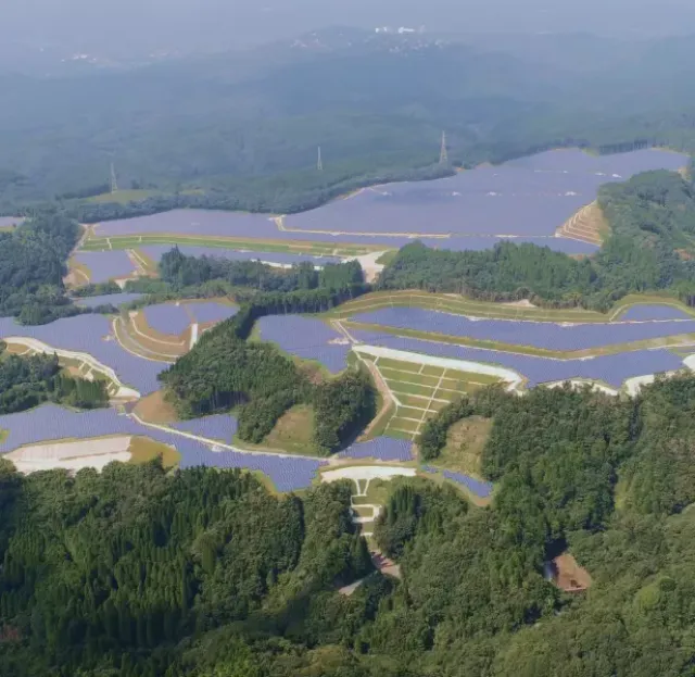 A long-distance photo of the solar power plant in Kirishima