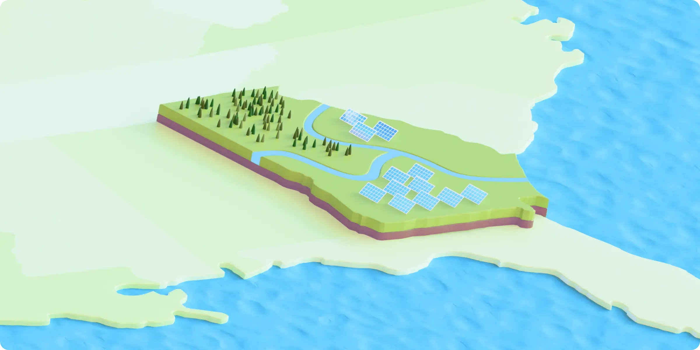 A green 3D model of the Florida peninsula with accurate topography with solar panels and solar power storage facilities strewn across it