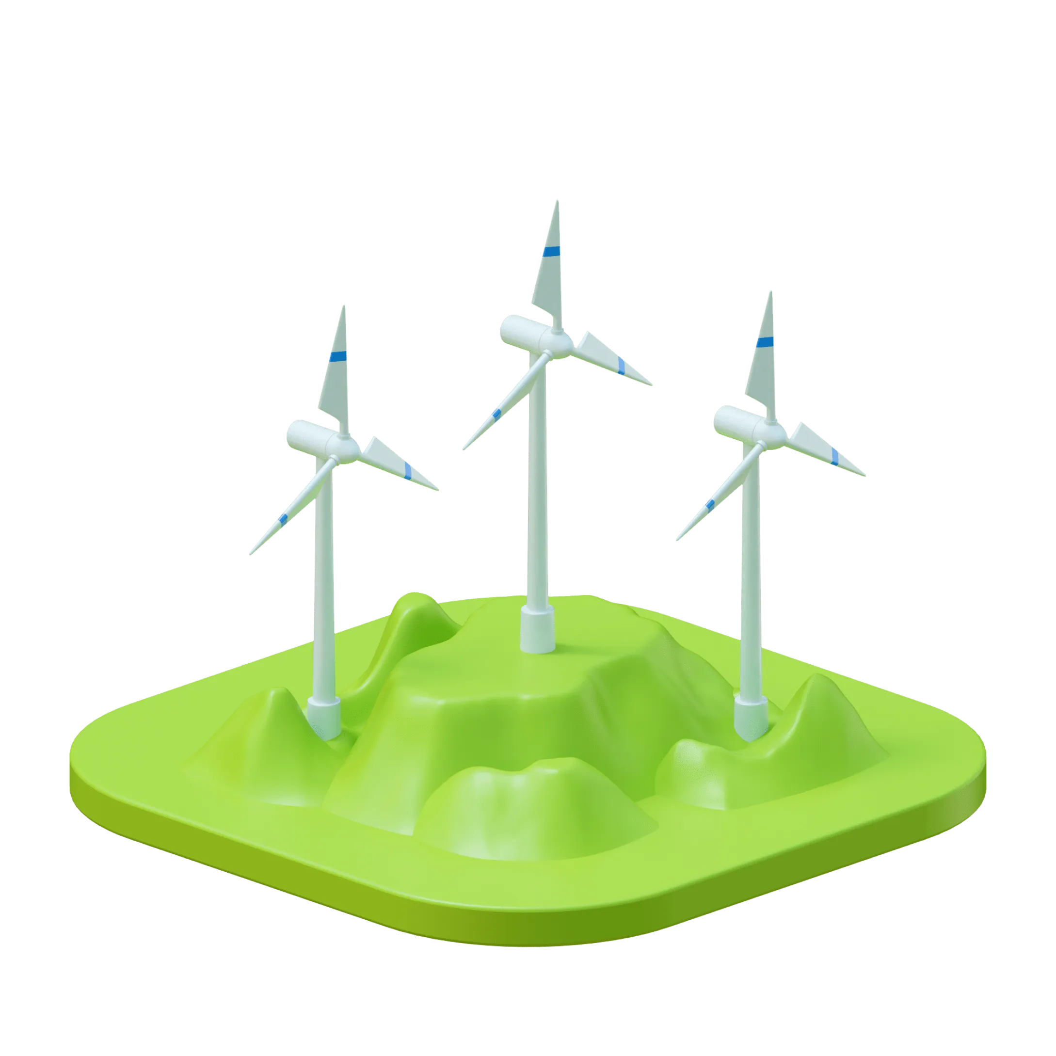 A small 3d model of a modern wind power plant with multiple turbines