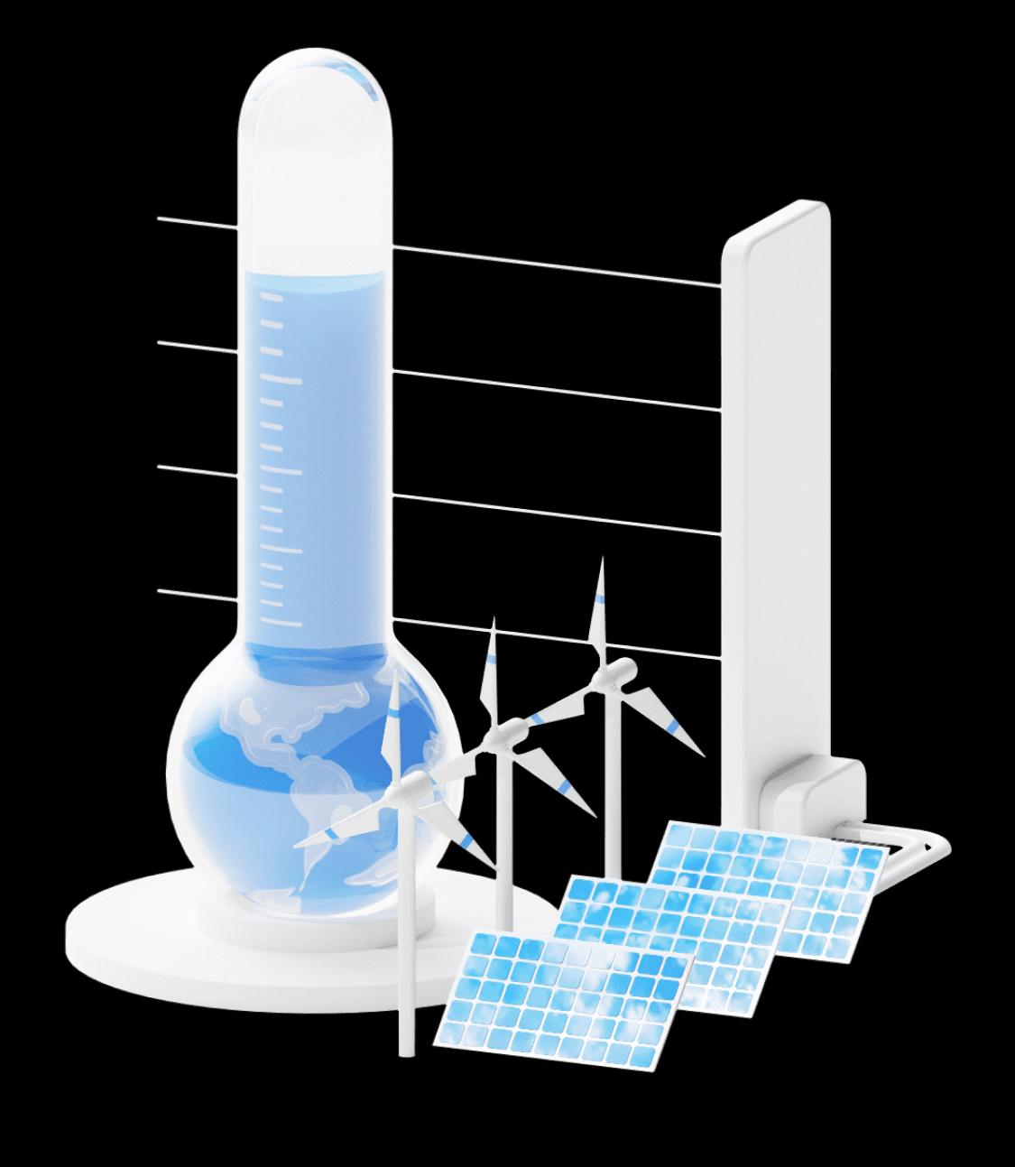3D image of small scale wind towers and solar panels next to a beaker measuring a blue sky colored liquid